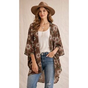 Boho Paisley Open Front Kimono Cardigan Olive Rust Flowy L Chic Versatile